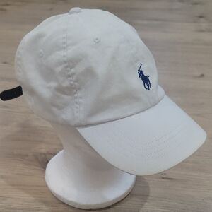 Polo Ralph Lauren White Cap with Blue Logo Adjustable Leather Strap